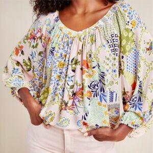 Anthropologie Maeve Boswell Pink Floral Paisley Flowy Peasant Blouse size 4